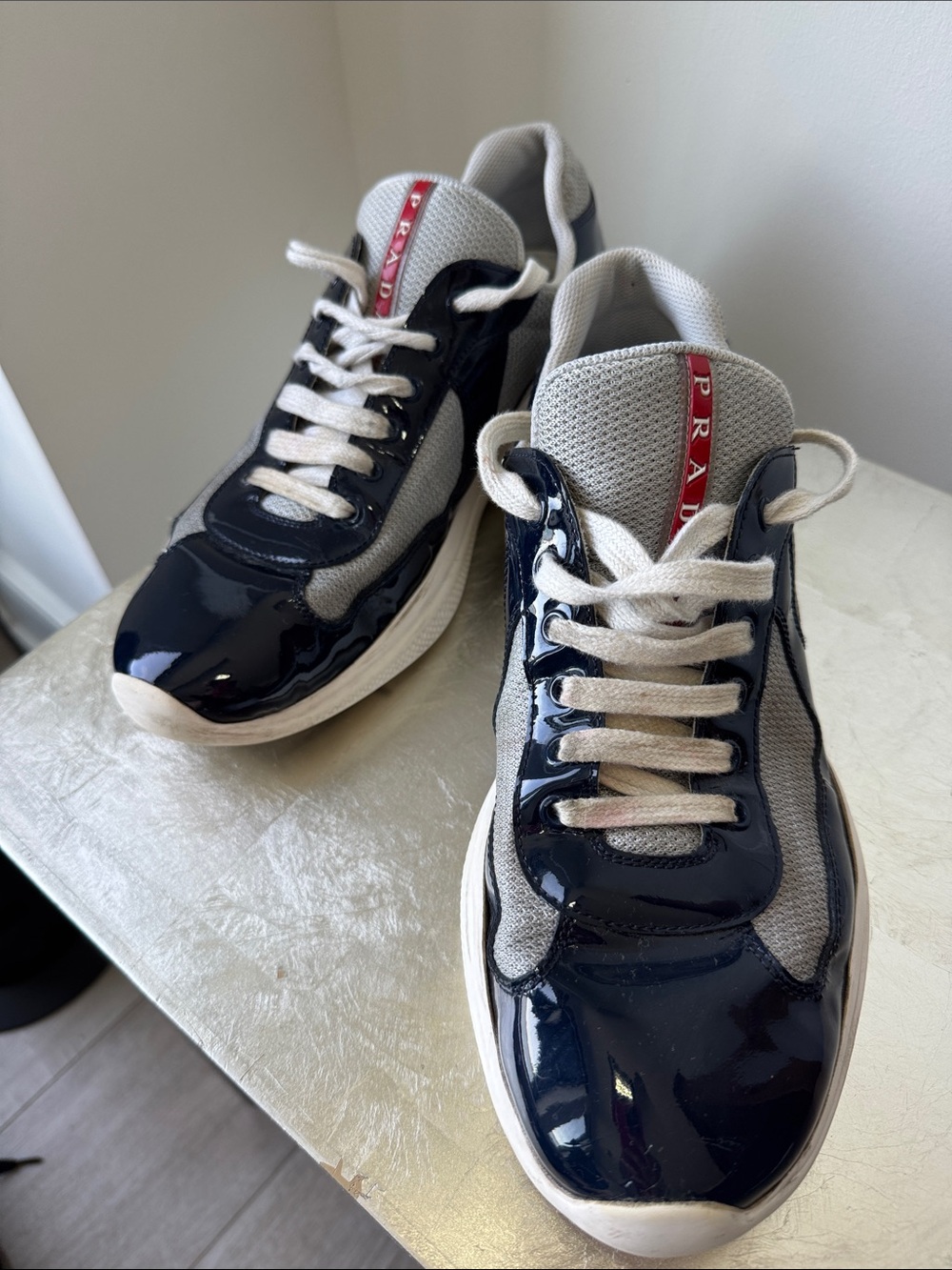 Prada Men’s Navy Patent & Light Gray Mesh Sneakers with Red Logo Tongue